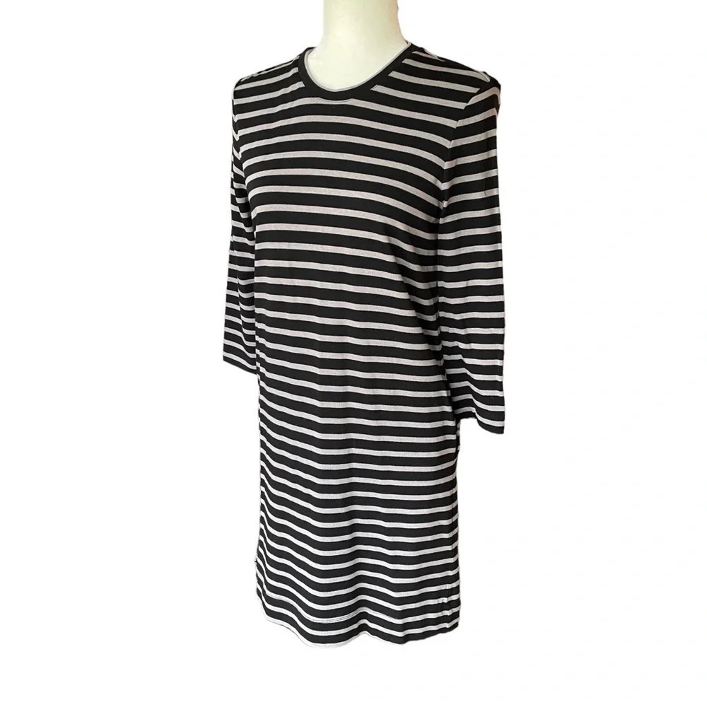 Marine Layer Gemma Knit dress striped grey black neutral stretch with pockets